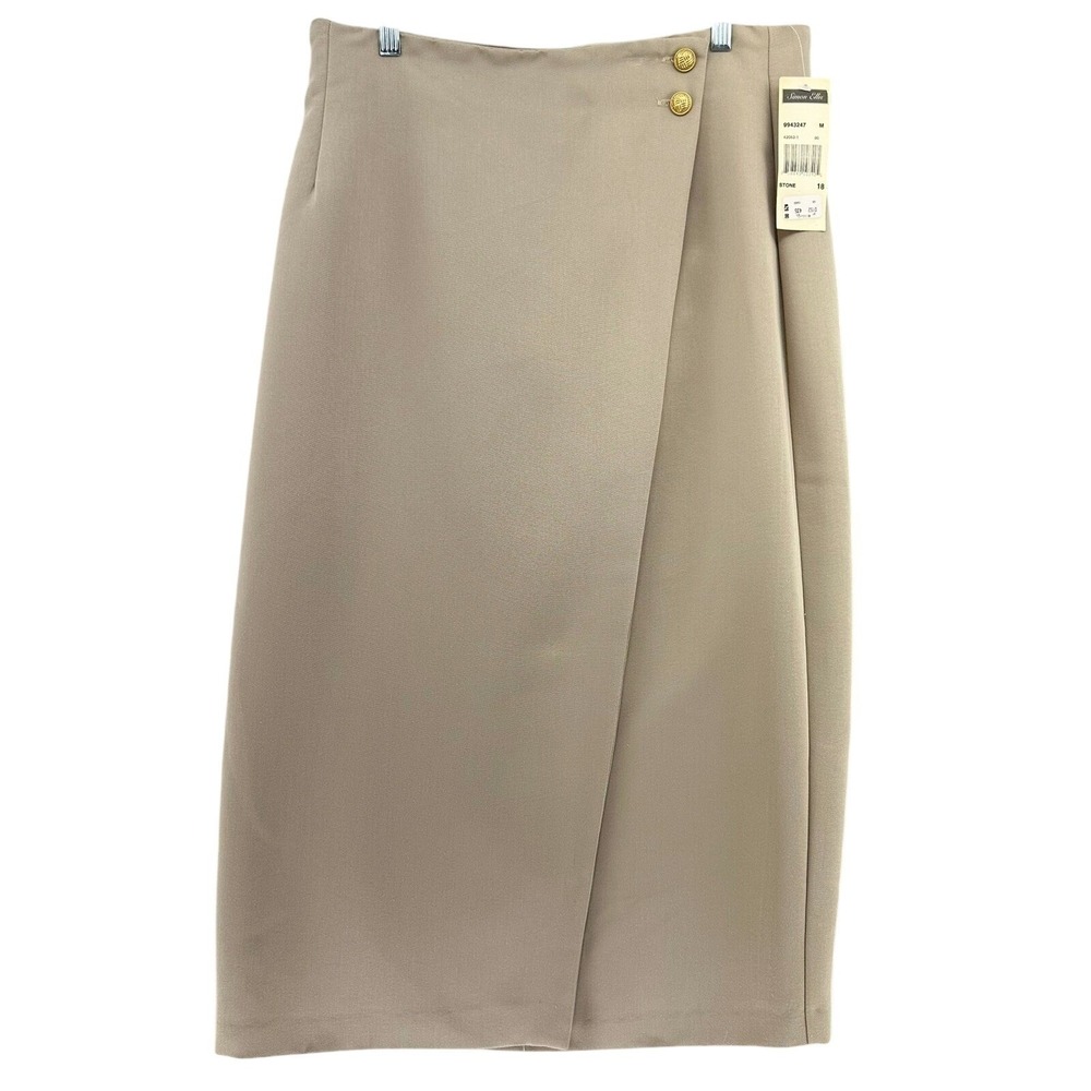 VTG Simon Ellis Beige Wrap Midi Skirt DEADSTOCK 18 Gold Knot Button USA Career